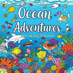 A vibrant and imaginative front cover for an ocean-themed coloring book, featuring a whimsical underwater scene filled with a variety of sea creatures such as colorful fish, graceful dolphins, and playful sea turtles