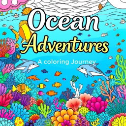 A vibrant and imaginative front cover for an ocean-themed coloring book, featuring a whimsical underwater scene filled with a variety of sea creatures such as colorful fish, graceful dolphins, and playful sea turtles