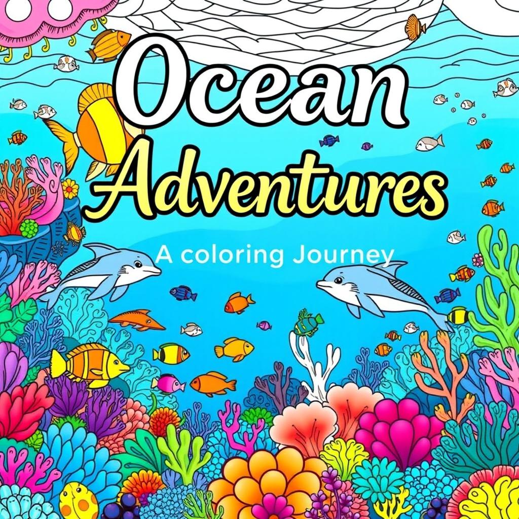 A vibrant and imaginative front cover for an ocean-themed coloring book, featuring a whimsical underwater scene filled with a variety of sea creatures such as colorful fish, graceful dolphins, and playful sea turtles