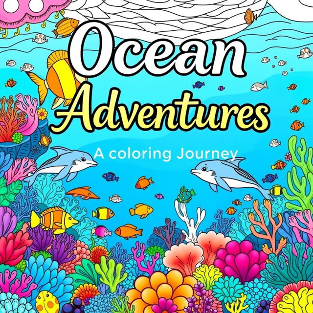 A vibrant and imaginative front cover for an ocean-themed coloring book, featuring a whimsical underwater scene filled with a variety of sea creatures such as colorful fish, graceful dolphins, and playful sea turtles