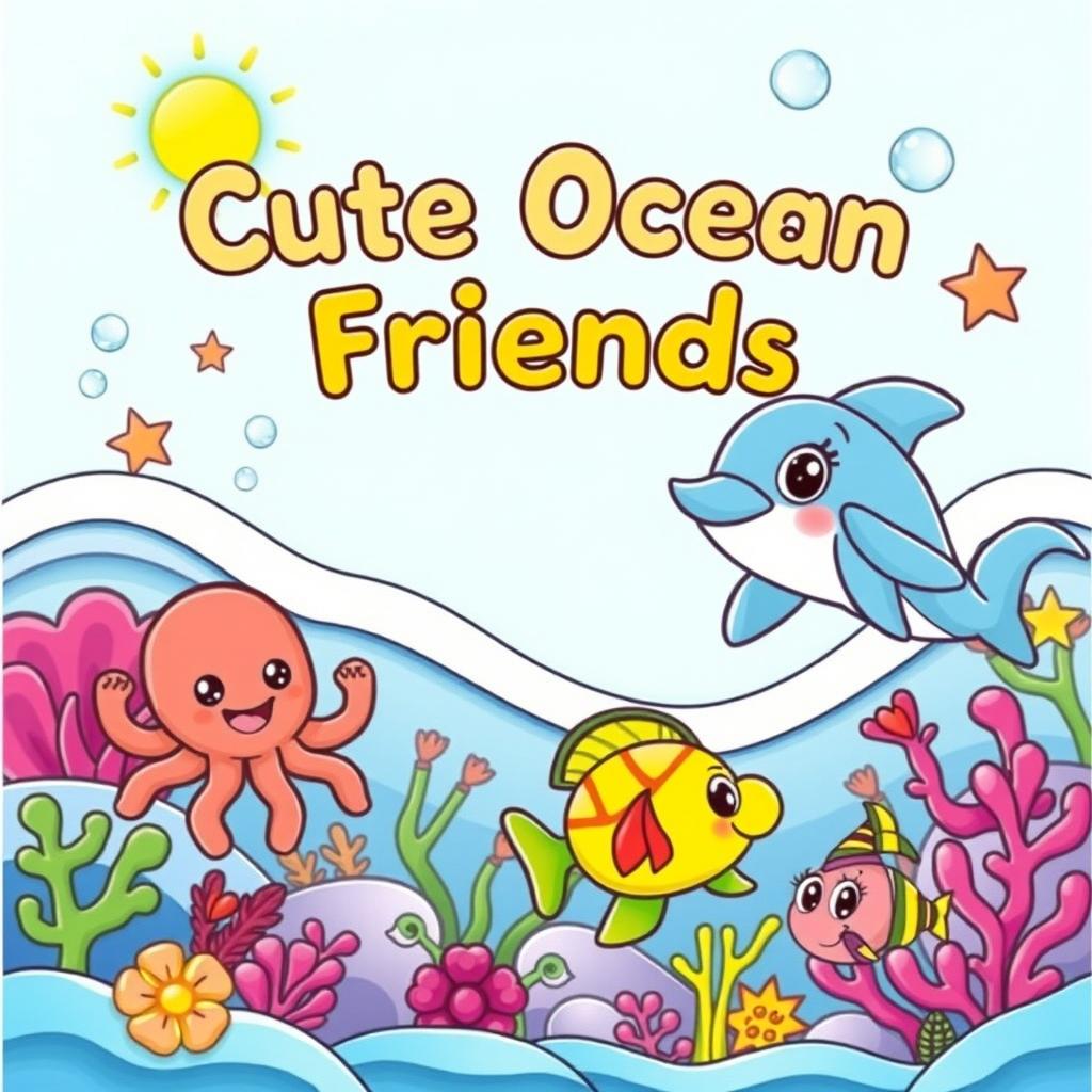 A vibrant and cheerful coloring book cover featuring a variety of cute ocean friends including a smiling dolphin, a playful octopus, a friendly sea turtle, and colorful fish swimming among coral reefs