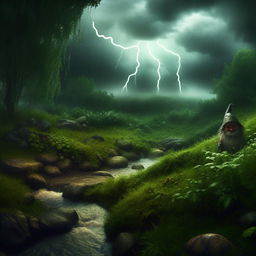 Bring to life an extraordinarily beautiful, hyper-realistic scene of a rainstorm on a mystical hill. Amidst the drama of nature, lightning subtly reveals a hidden creature and a gnome by the river, creating an ethereal beauty amidst the lush greenery.