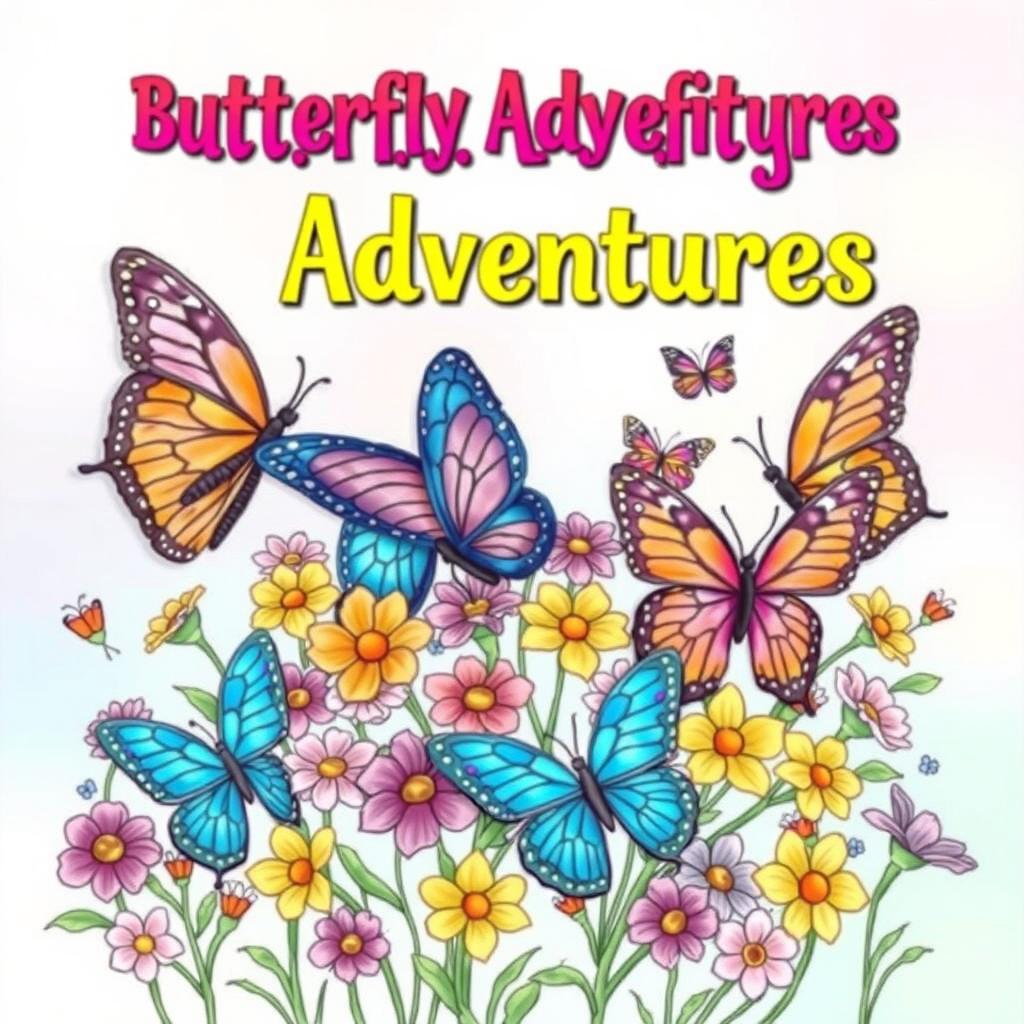 A vibrant and whimsical design for a butterfly coloring book cover, featuring an array of beautifully illustrated butterflies in various sizes and colors, delicately resting on a garden of blooming flowers