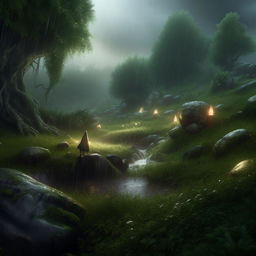 Bring to life an extraordinarily beautiful, hyper-realistic scene of a rainstorm on a mystical hill. Amidst the drama of nature, lightning subtly reveals a hidden creature and a gnome by the river, creating an ethereal beauty amidst the lush greenery.