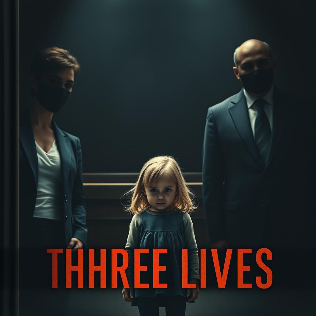 A dramatic story cover titled 'Three Lives' featuring a little girl with blonde hair standing in a dark, foreboding courtroom