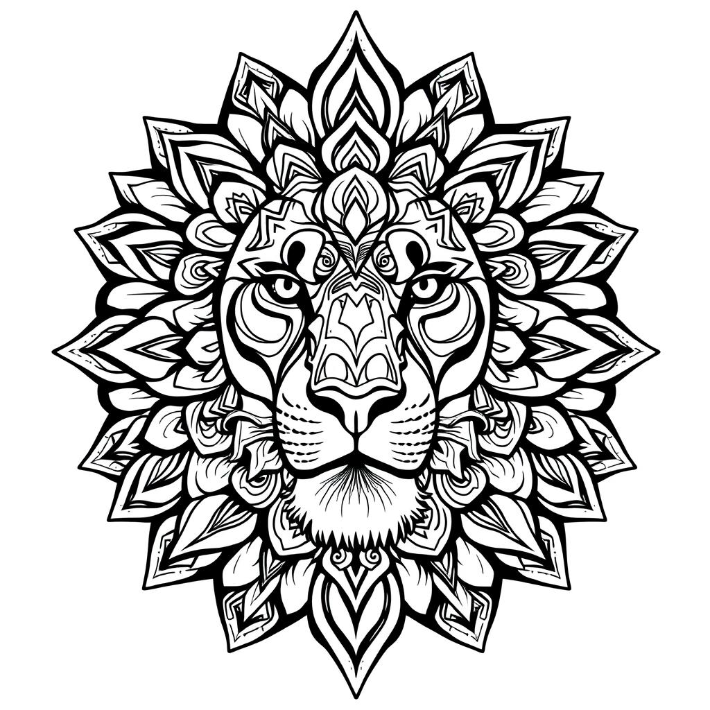 A beautifully intricate mandala lion design, suitable for a coloring book cover
