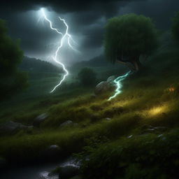 Bring to life an extraordinarily beautiful, hyper-realistic scene of a rainstorm on a mystical hill. Amidst the drama of nature, lightning subtly reveals a hidden creature and a gnome by the river, creating an ethereal beauty amidst the lush greenery.