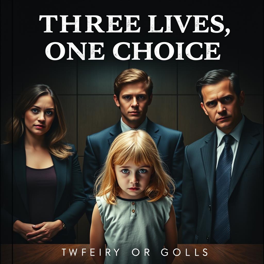 A dramatic story cover for 'Three Lives, One Choice' featuring a dark, foreboding courtroom scene