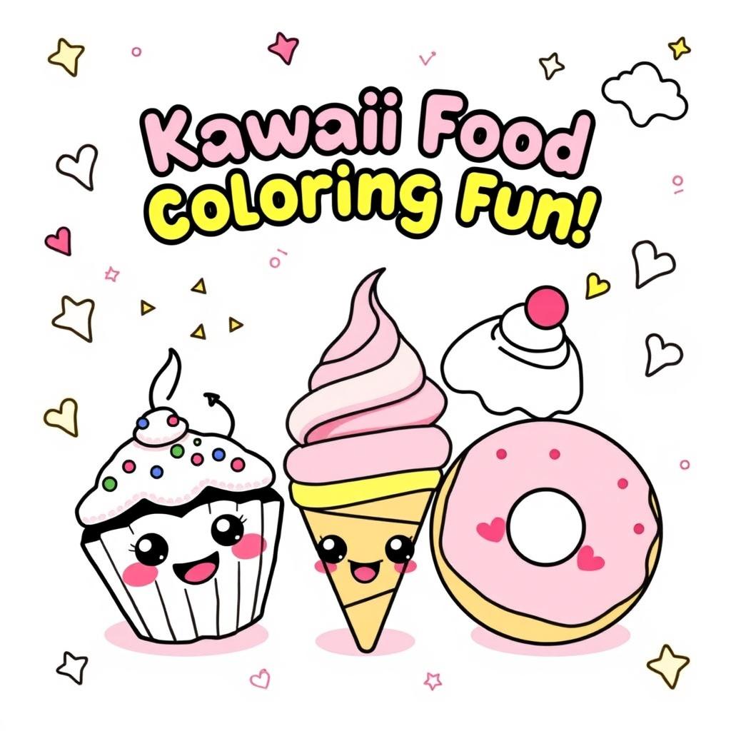 A vibrant and playful kawaii food coloring book cover featuring an assortment of adorable food characters