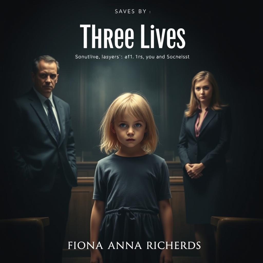 A dark, atmospheric courtroom scene featuring a little girl with blonde hair standing at the center