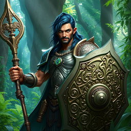 A male aasimar cleric with radiant bronze skin, striking dark blue hair, and captivating ghostly green eyes stands boldly in a mystical forest