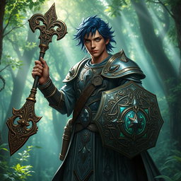 A male aasimar cleric with radiant bronze skin, striking dark blue hair, and captivating ghostly green eyes stands boldly in a mystical forest