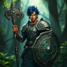 A male aasimar cleric with radiant bronze skin, striking dark blue hair, and captivating ghostly green eyes stands boldly in a mystical forest