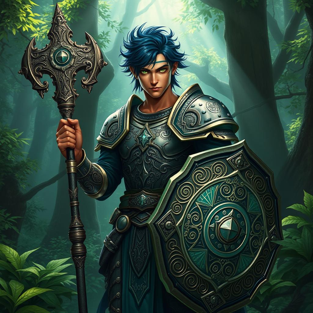 A male aasimar cleric with radiant bronze skin, striking dark blue hair, and captivating ghostly green eyes stands boldly in a mystical forest
