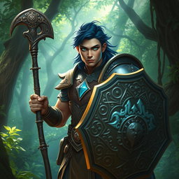 A male aasimar cleric with radiant bronze skin, striking dark blue hair, and captivating ghostly green eyes stands boldly in a mystical forest