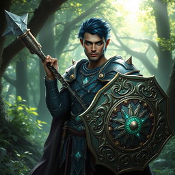 A male aasimar cleric with radiant bronze skin, striking dark blue hair, and mesmerizing ghostly green eyes stands confidently in a mystical forest