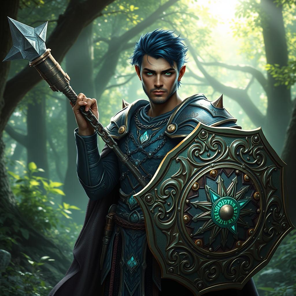 A male aasimar cleric with radiant bronze skin, striking dark blue hair, and mesmerizing ghostly green eyes stands confidently in a mystical forest