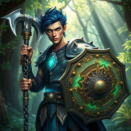 A male aasimar cleric with radiant bronze skin, striking dark blue hair, and mesmerizing ghostly green eyes stands confidently in a mystical forest