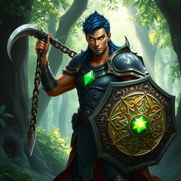 A male aasimar cleric with radiant bronze skin, striking dark blue hair, and mesmerizing ghostly green eyes stands confidently in a mystical forest