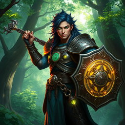 A male aasimar cleric with radiant bronze skin, striking dark blue hair, and mesmerizing ghostly green eyes stands confidently in a mystical forest