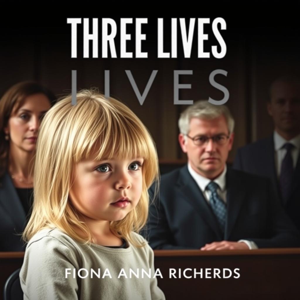 A story cover for 'Three Lives' by Fiona Anna Richards, depicting a little girl with blonde hair in a dark, foreboding courtroom