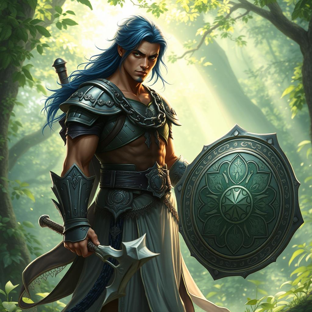 A male aasimar cleric with radiant bronze skin, dramatic dark blue hair, and piercing ghostly green eyes stands determinedly in a mystical glade