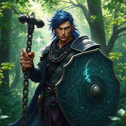 A male aasimar cleric with radiant bronze skin, dramatic dark blue hair, and piercing ghostly green eyes stands determinedly in a mystical glade