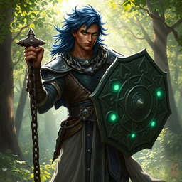 A male aasimar cleric with radiant bronze skin, dramatic dark blue hair, and piercing ghostly green eyes stands determinedly in a mystical glade