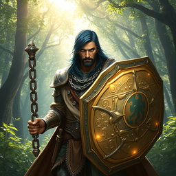 A male aasimar cleric with radiant bronze skin, dramatic dark blue hair, and piercing ghostly green eyes stands determinedly in a mystical glade