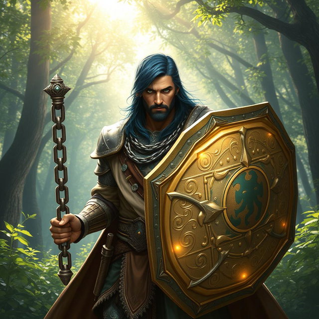 A male aasimar cleric with radiant bronze skin, dramatic dark blue hair, and piercing ghostly green eyes stands determinedly in a mystical glade