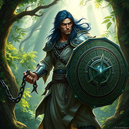 A male aasimar cleric with radiant bronze skin, striking dark blue hair, and enchanting ghostly green eyes stands powerfully in a mystical forest setting