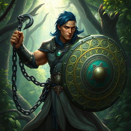 A male aasimar cleric with radiant bronze skin, striking dark blue hair, and enchanting ghostly green eyes stands powerfully in a mystical forest setting