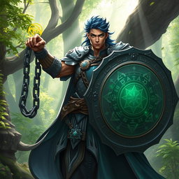 A male aasimar cleric with radiant bronze skin, striking dark blue hair, and enchanting ghostly green eyes stands powerfully in a mystical forest setting