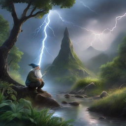 Bring to life an extraordinarily beautiful, hyper-realistic scene of a rainstorm on a mystical hill. Amidst the drama of nature, lightning subtly reveals a hidden creature and a gnome by the river, creating an ethereal beauty amidst the lush greenery.