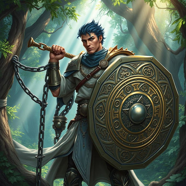 A male aasimar cleric with radiant bronze skin, striking dark blue hair, and enchanting ghostly green eyes stands powerfully in a mystical forest setting