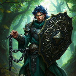 A male aasimar cleric with glowing bronze skin, deep dark blue hair, and captivating ghostly green eyes stands bold and heroic in an enchanted forest