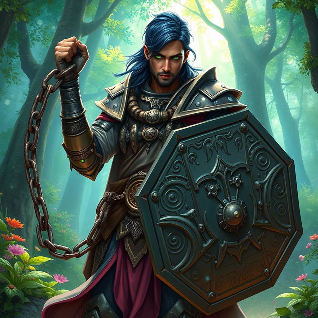A male aasimar cleric with glowing bronze skin, deep dark blue hair, and captivating ghostly green eyes stands bold and heroic in an enchanted forest