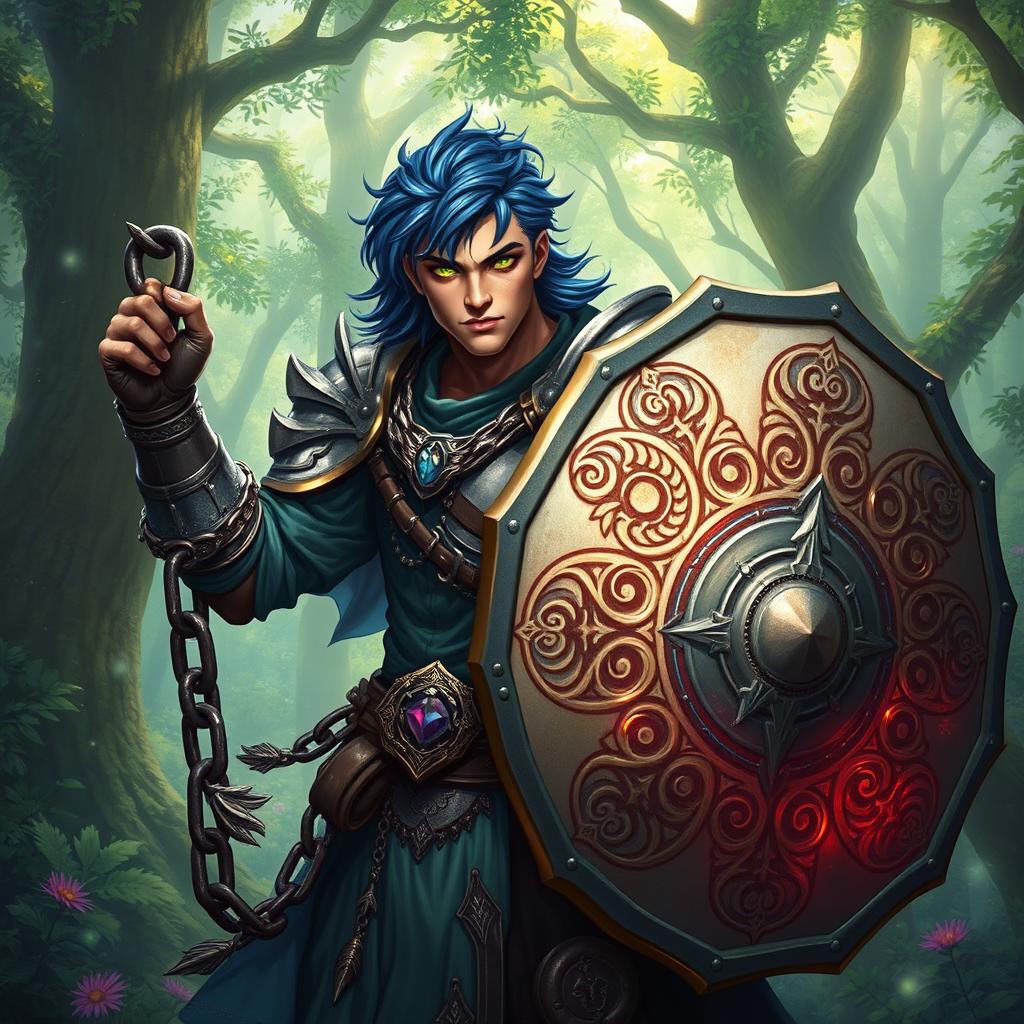 A male aasimar cleric with glowing bronze skin, deep dark blue hair, and captivating ghostly green eyes stands bold and heroic in an enchanted forest