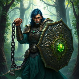 A male aasimar cleric with glowing bronze skin, deep dark blue hair, and captivating ghostly green eyes stands bold and heroic in an enchanted forest