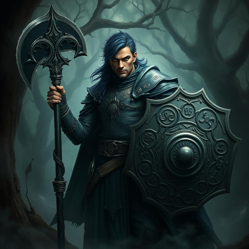 A male aasimar cleric with radiant bronze skin, dramatic dark blue hair, and piercing ghostly green eyes stands imposing in a shadowy, enchanted landscape