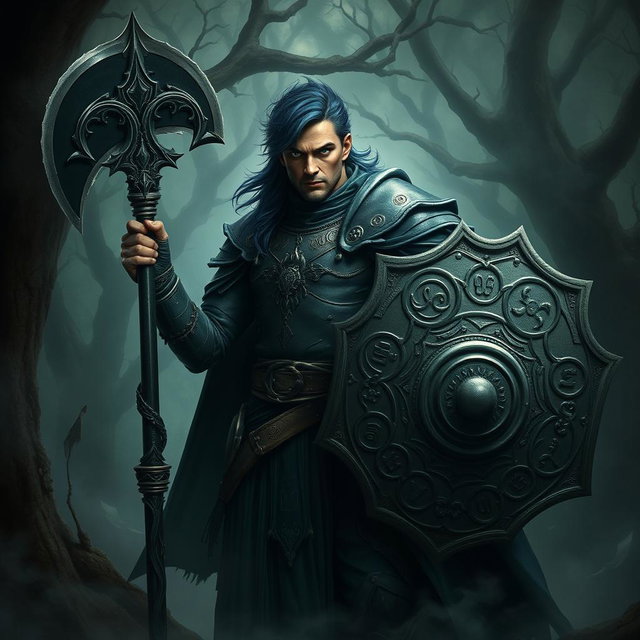 A male aasimar cleric with radiant bronze skin, dramatic dark blue hair, and piercing ghostly green eyes stands imposing in a shadowy, enchanted landscape
