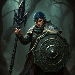 A male aasimar cleric with radiant bronze skin, dramatic dark blue hair, and piercing ghostly green eyes stands imposing in a shadowy, enchanted landscape