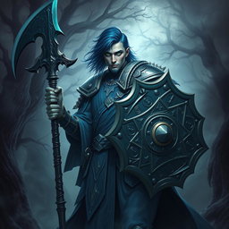 A male aasimar cleric with radiant bronze skin, dramatic dark blue hair, and piercing ghostly green eyes stands imposing in a shadowy, enchanted landscape