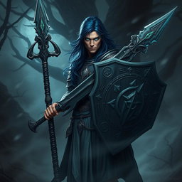 A male aasimar cleric with radiant bronze skin, dramatic dark blue hair, and piercing ghostly green eyes stands imposing in a shadowy, enchanted landscape