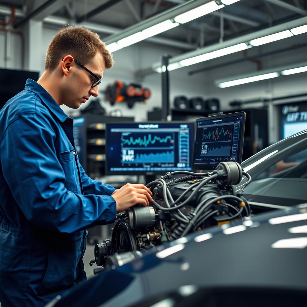 A talented automotive engine programmer expertly working on a high-tech engine in a modern workshop
