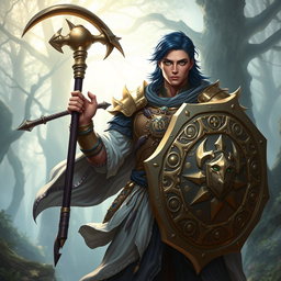 A male aasimar cleric with lustrous bronze skin, deep dark blue hair, and mesmerizing ghostly green eyes stands confidently in a mystical and enchanted landscape