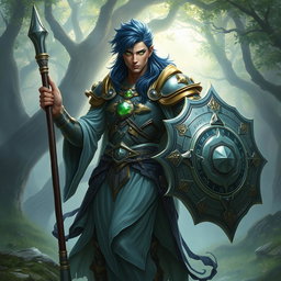 A male aasimar cleric with lustrous bronze skin, deep dark blue hair, and mesmerizing ghostly green eyes stands confidently in a mystical and enchanted landscape