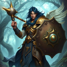A male aasimar cleric with lustrous bronze skin, deep dark blue hair, and mesmerizing ghostly green eyes stands confidently in a mystical and enchanted landscape