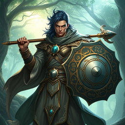 A male aasimar cleric with lustrous bronze skin, deep dark blue hair, and mesmerizing ghostly green eyes stands confidently in a mystical and enchanted landscape