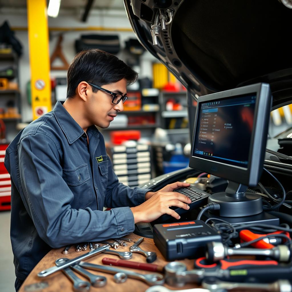 A skilled mechanic programming the ECM (Engine Control Module) of a car workshop